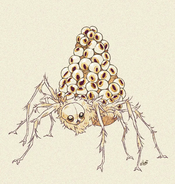 A naturalist style sketch depicting an arachnid-style Monster. Its back is completely covered in hundreds of eyes, while its head appears skull-like, with tiny pincer jaws just visible. It has 8 legs, and a fluffy collar of fur around its neck.